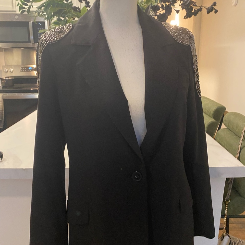 Elegant Black Women's Blazer with Embellished Shoulders